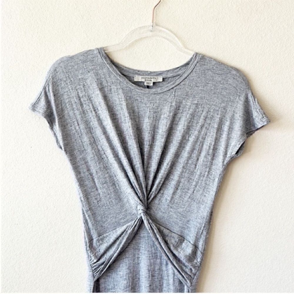 AllSaints Gray Knot Front Midi Dress Short Sleeve Casual Chic - Picture 3 of 9